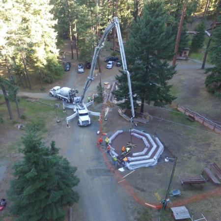 Aerial view of concrete pump and concrete fire pit