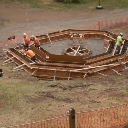 Wood formwork for concrete fire pit and seating area